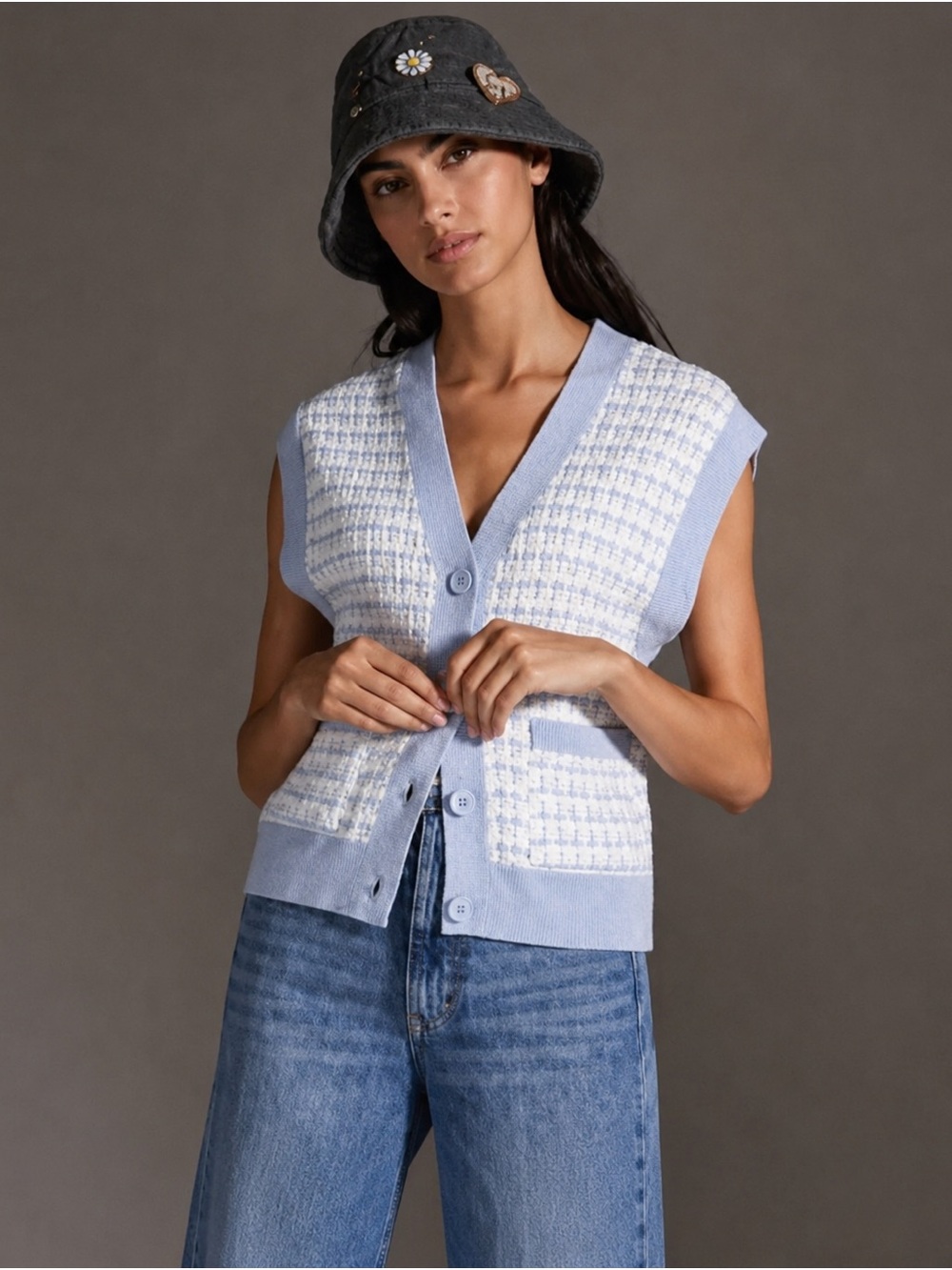 Anthropologie Maeve Blue White Knit Vest Size M | Coastal Grandma